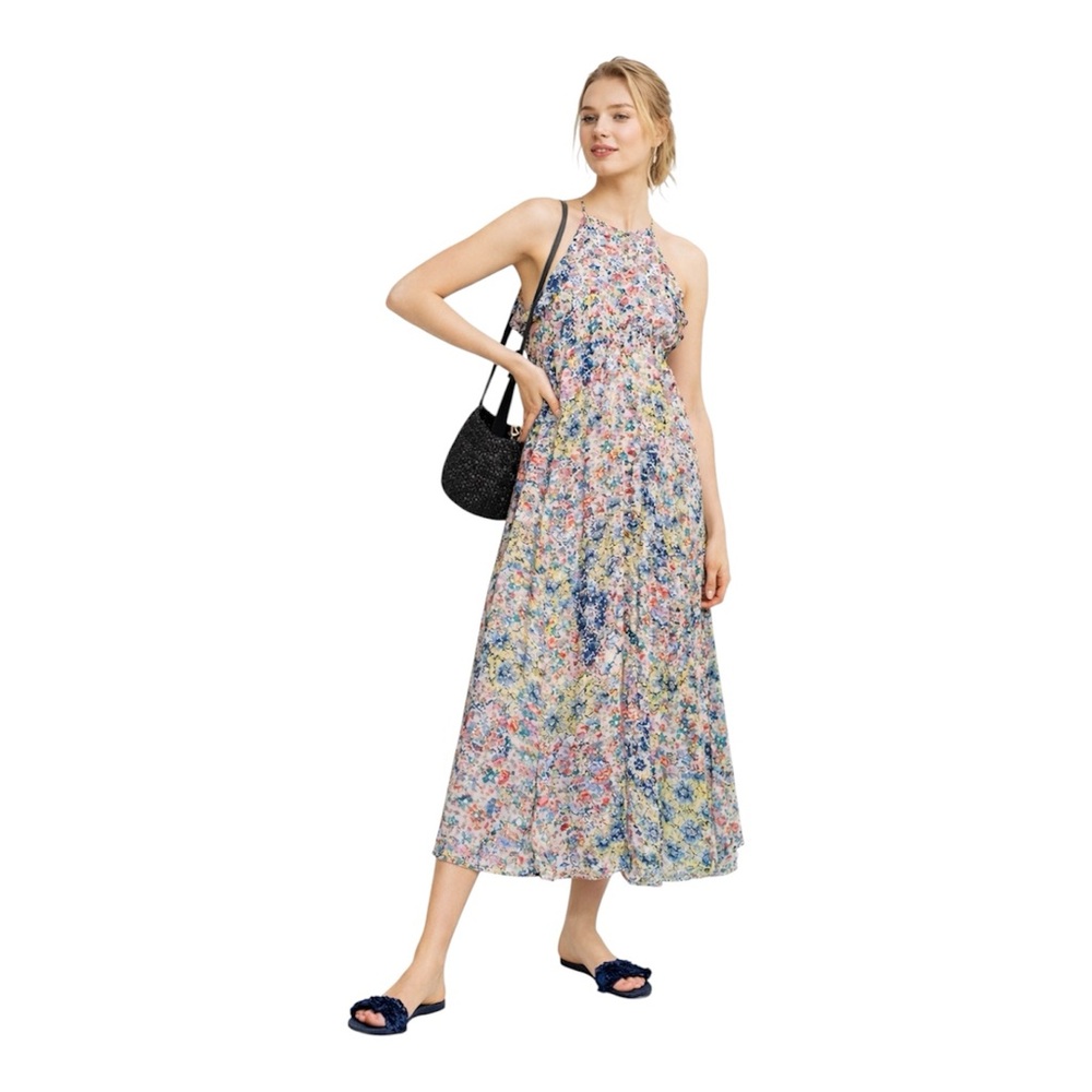 Meadow Rue Anthropologie Allerton Floral Boho Maxi Dress Halter Button Front S